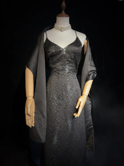 Beautiful Prom Dresses A line Spaghetti Strap Black With Beaded Cape Long Formal Evening Outfits N3672