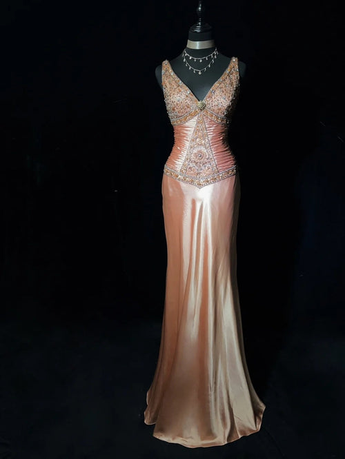 Modest Prom Dresses Inspo Mermaid V Neck Pink Satin With Beading For Women Formal Dress N3244