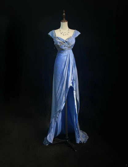 Vintage Prom Dresses A Line Sweethart Blue Chiffon With Beading Long Formal Evening Outfits N3869