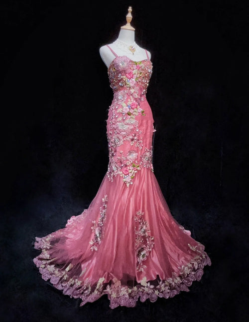 Beautiful Prom Dresses Mermaid Spaghetti Strap Pink With Flowers Beading Long Evening Outfits N3318