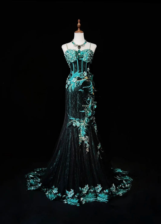 Vintage Prom Dresses Inspo Mermaid Spaghetti Strap Black Tulle Blue Lace With Beading For Women Formal Dress N3216