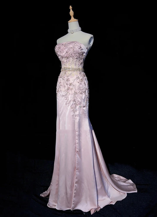 Vintage Prom Dresses 80s Mermaid Strapless Pink Satin Applique Long Formal Evening Outfits N3480