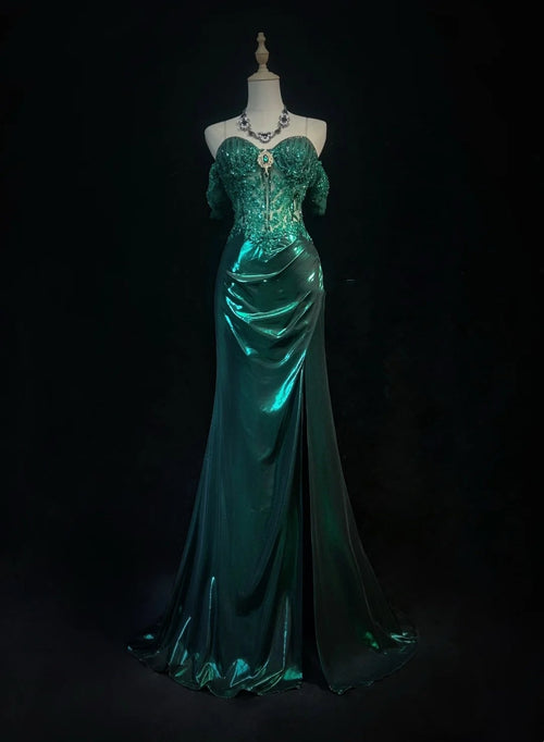 Modest Prom Dresses Inspo Mermaid Off The Shoulder Dark Emerald Green Slit Lace 80s Long Formal Gowns N3389