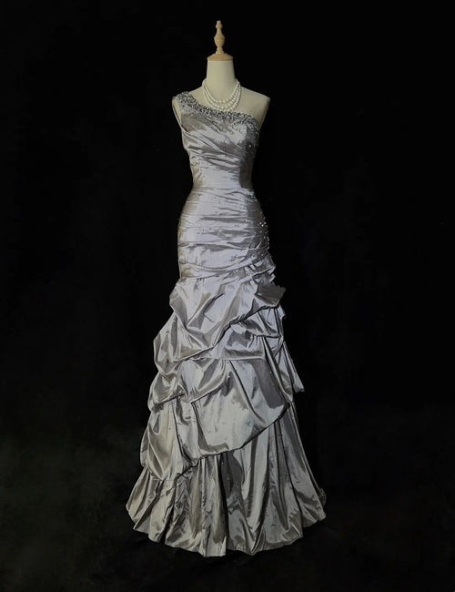 Dreamy 90s Prom Dresses Mermaid One Shoulder Grey With Beading Formal Evening Outfits N3819