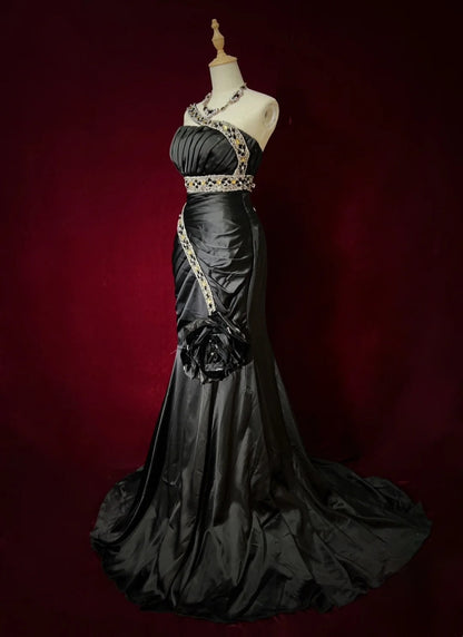 Vintage Prom Dresses Mermaid One Shoulder Black Tie Satin 80s With Beading Long Formal Evening Outfits N3905