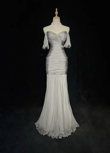 Modest Prom Dresses Mermaid Off The Shoulder Gray Chiffon With Sleeves Formal Evening Dress N3847