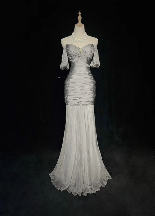 Modest Prom Dresses Mermaid Off The Shoulder Gray Chiffon With Sleeves Formal Evening Dress N3847