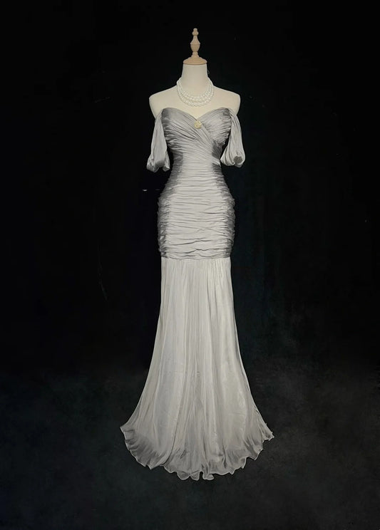 Modest Prom Dresses Mermaid Off The Shoulder Gray Chiffon With Sleeves Formal Evening Dress N3847