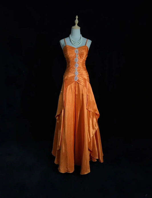 Vintage Prom Aesthetic Dresses A Line Spaghetti Strap Orange Satin With Beading Long Formal Dance Dress N3007