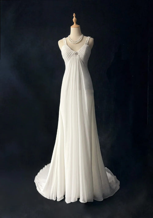 Simple White Prom Dresses A line V Neck Chiffon Sleeveless With Beaded Semi Formal Evening Dress N3820