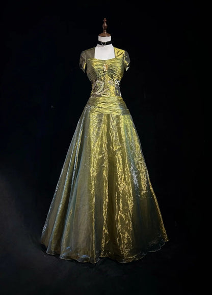Vintage Prom Dresses Ball Gown Square Neck Olive Green 80s With Beading Long Formal Evening Outfits N3873