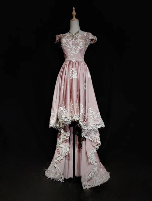 Modest Prom Dresses Inspo High Low Off The Shoulder Pink Satin With Lace For Women Formal Dress N3218