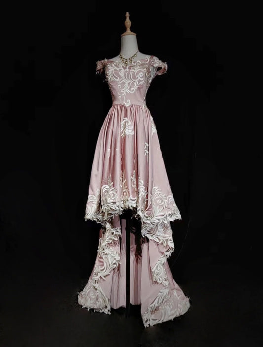Modest Prom Dresses Inspo High Low Off The Shoulder Pink Satin With Lace For Women Formal Dress N3218