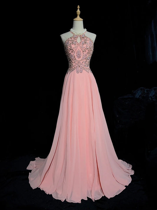 Modest Prom Dresses A line Halter Pink Chiffon With Beading Long Evening Outfits N3464