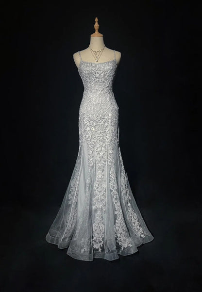 Dreamy 90s Prom Dresses Mermaid Spaghetti Strap Grey With Lace Formal Evening Outfits N3829
