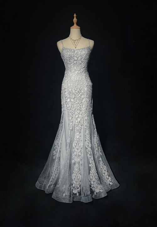 Dreamy 90s Prom Dresses Mermaid Spaghetti Strap Grey With Lace Formal Evening Outfits N3829