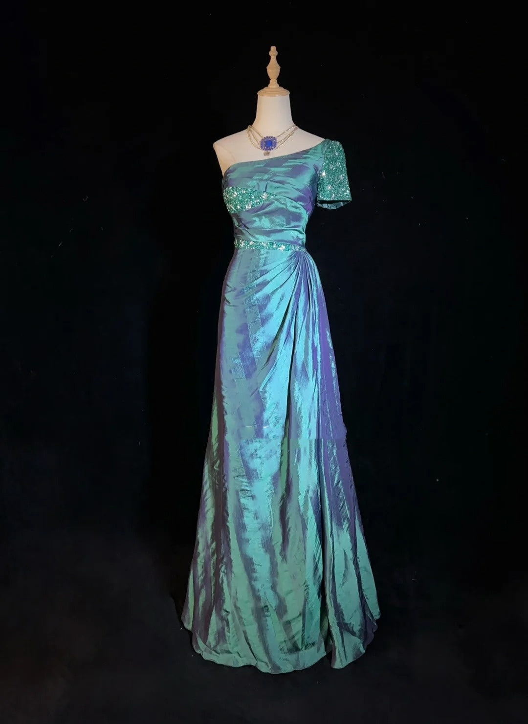 Modest Prom Dresses Mermaid One Shoulder Blue Satin With Beaded Long Evening Outfits N3467