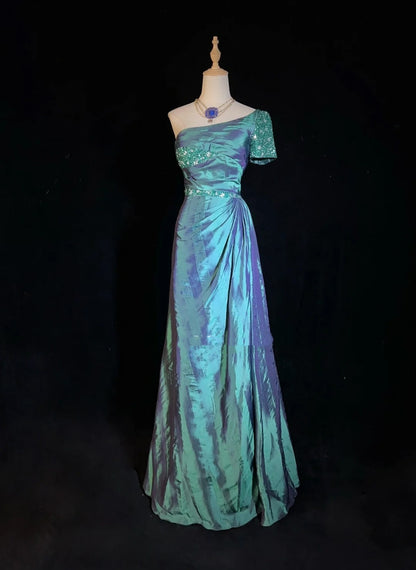 Modest Prom Dresses Mermaid One Shoulder Blue Satin With Beaded Long Evening Outfits N3467