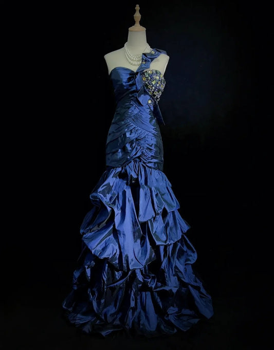 Elegant Prom Dresses Mermaid One Shoulder Navy Blue Ruffled Satin Floor Length Formal Evening Outfits N3487