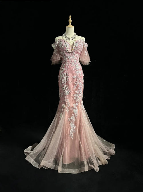 Modest Prom Dresses Mermaid Spaghetti Strap Pink Lace Short Sleeves Long Formal Evening Outfits N3627