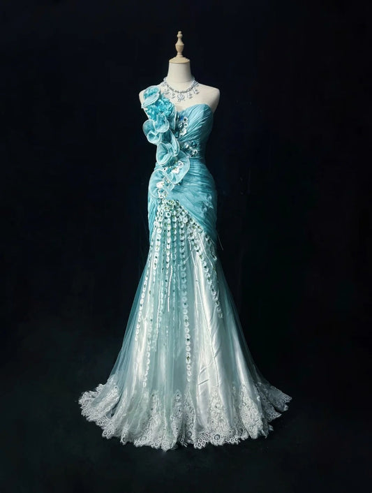 Modest Prom Dresses Mermaid One Shoulder Blue Tulle Lace Sleeveless With Ruffled Formal Evening Dress N3833