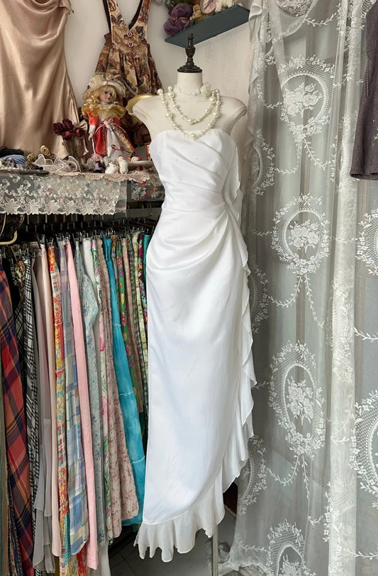 Elegant Fairy A line Strapless White Chiffon Long Evening Gowns Formal Birthday Party Prom Dresses N1728