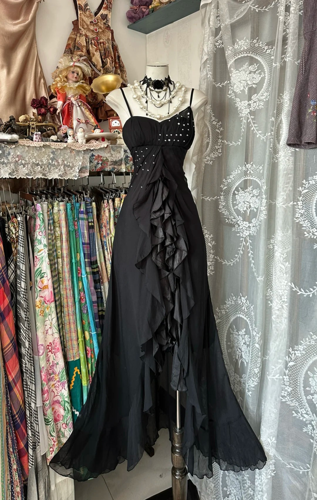 Vintage Mermaid Spaghetti Straps Black Chiffon Long Evening Gowns Formal Birthday Dress Prom Dresses N1729