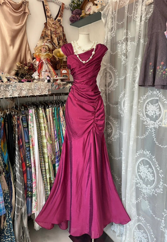 Vintage Mermaid Hot Pink Satin Long Evening Gowns Formal 18th Birthday Party Prom Dresses N1740