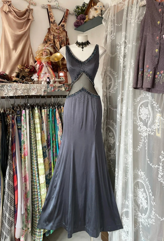 Vintage Mermaid V Neck Gray Satin Long Evening Gowns Formal 18th Birthday Party Prom Dresses N1741