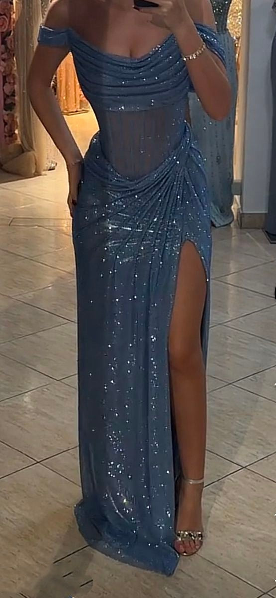 Sparkly Mermaid Off The Shoulder Blue Sequin Long Slit Evening Party Gowns Evening Dress Special Formal Dresses Prom Dress AB1673