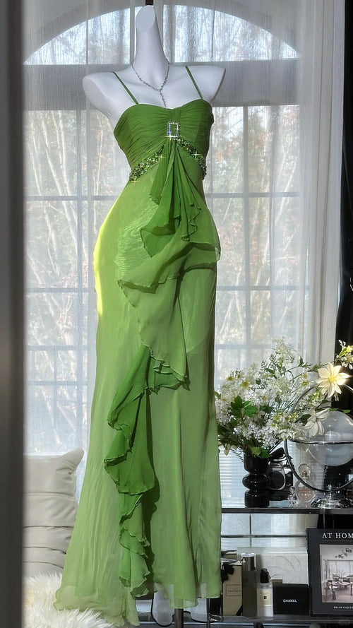 Modest Prom Dresses Mermaid Spaghetti Strap Green Chiffon With Beading Floor Length Evening Outfits N3535