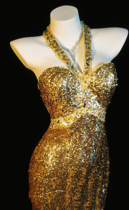 Gorgeous Prom Dresses Mermaid Halter Gold Sequin Backless Sleeveless Formal Evening Outfits N3787