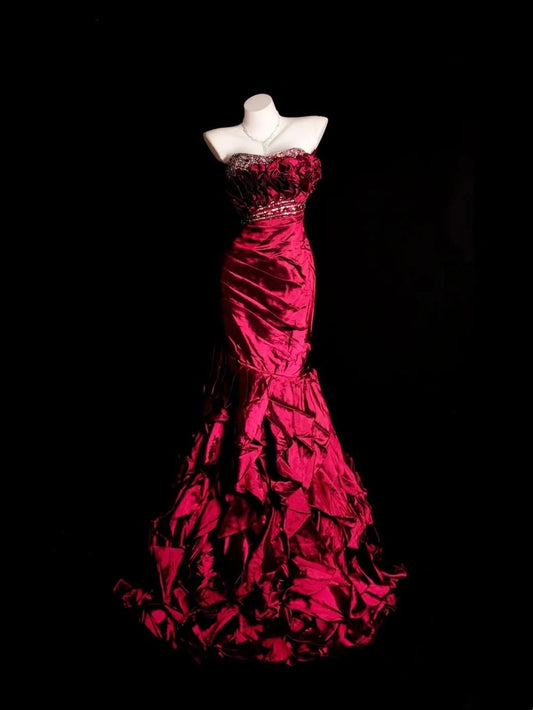 Unique Prom Dresses Mermaid Strapless Burgundy Sleeveless With Ruffled Semi Formal Evening Dress N3786