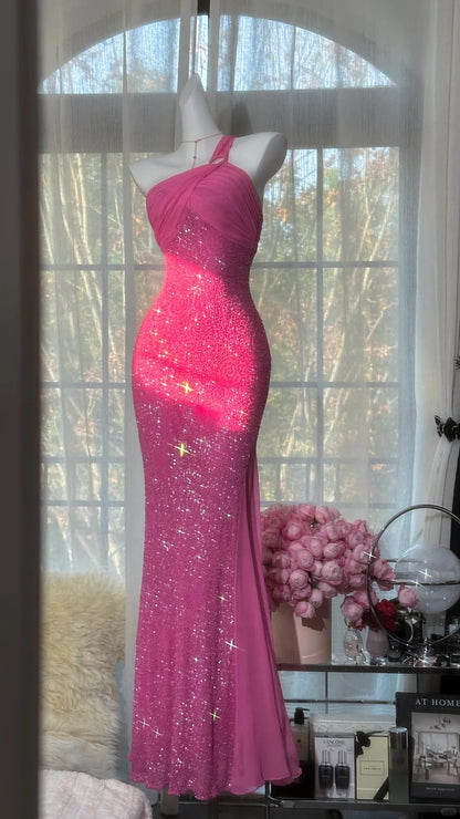 Modest Prom Dresses Mermaid One Shoulder Pink Chiffon Long Evening Outfits N3556