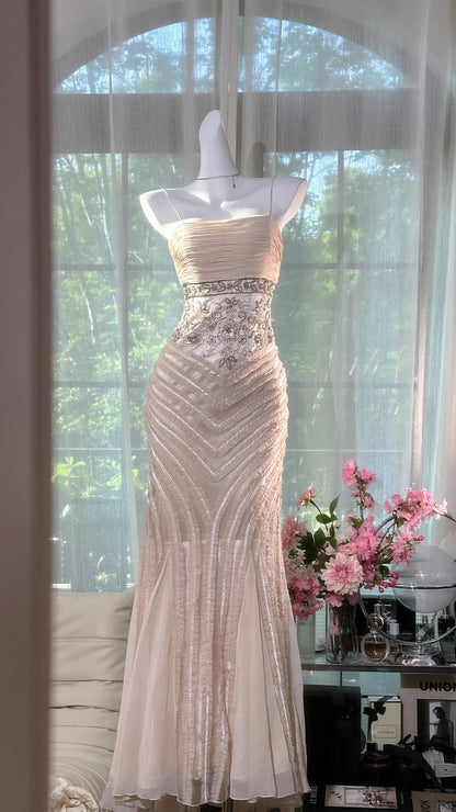 Modest Prom Dresses Mermaid Spaghetti Strap Pink Chiffon With Beading Sleeveless Evening Outfits N3577