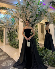Elegant A line Strapless Black Satin With Beads Winter Long Formal Ideas Prom Evening Dress Dinner Outfits Party Gowns For Women AB2005