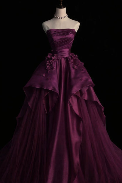 Modest Ball Gown Strapless Grape Tulle Long Prom Dresses Senior Graduation Dance Evening Outfits N035