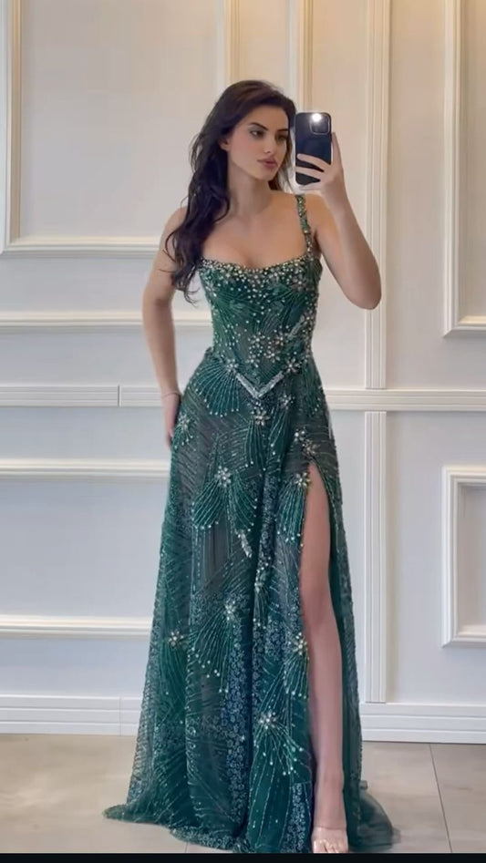 Modest Beaded Party Gowns Sleeveless Floor-Length Square Neck Slit Dark Green Long Prom Dress AB1698