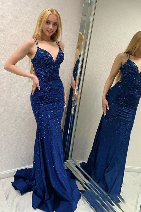 Sparkly Navy Beaded Mermaid Backless Long Prom Dress AB1704
