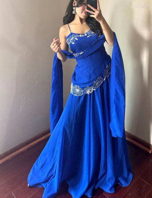 Magnificent Mermaid Spaghetti Strap Royal Blue Sleeveless Chiffon Long Formal Dress Gown Prom Dresses N2548