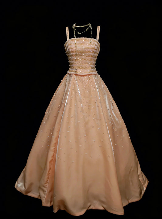 Cute Ball Gown Straps Blush Pink Satin With Beadings Long Party Gowns Prom Dresses N2124