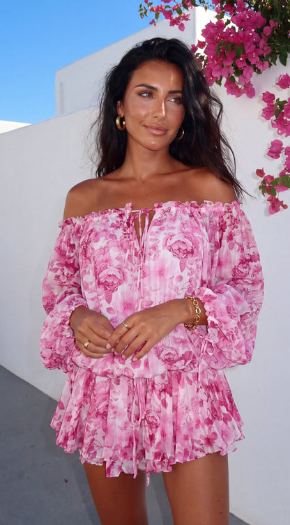 Romanella Peony Floral Off-Shoulder Mini Dress - Pink