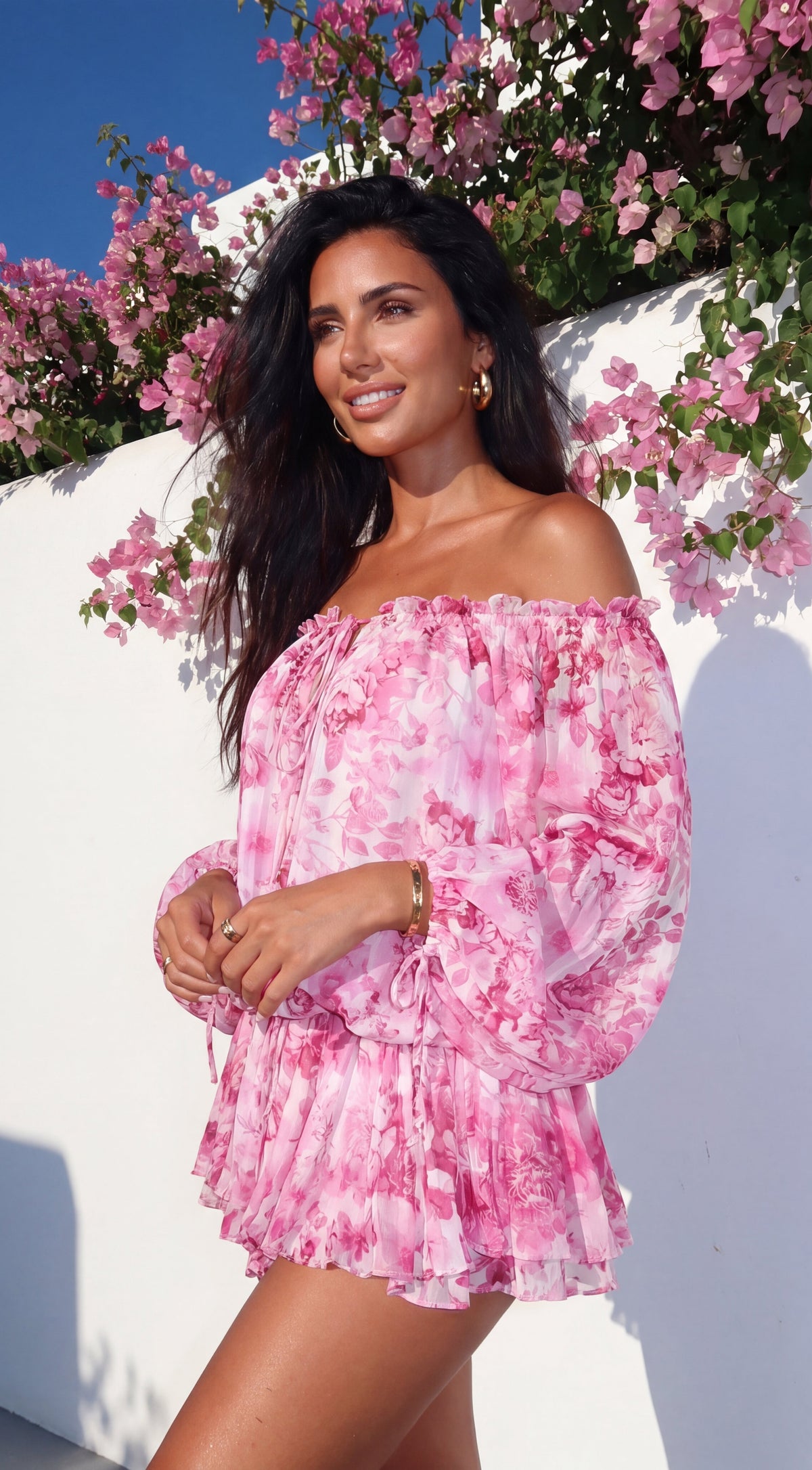 Romanella Peony Floral Off-Shoulder Mini Dress - Pink