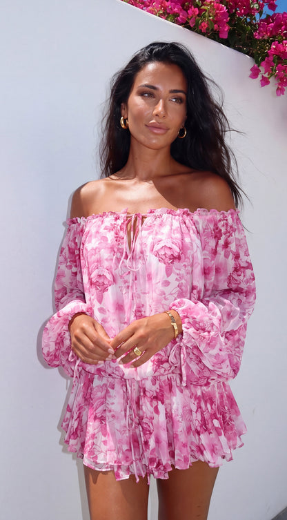 Romanella Peony Floral Off-Shoulder Mini Dress - Pink