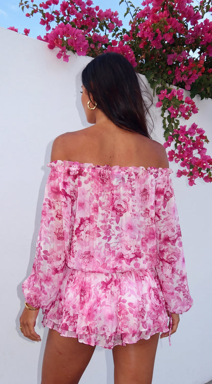 Romanella Peony Floral Off-Shoulder Mini Dress - Pink