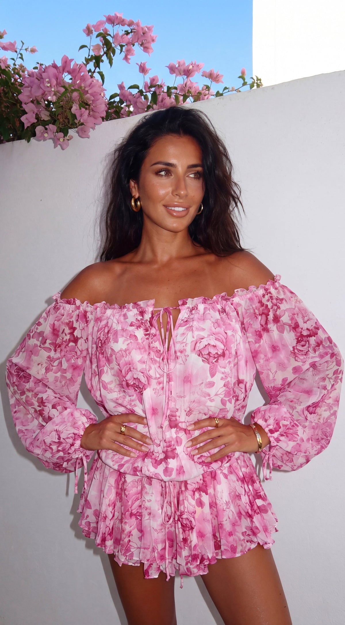 Romanella Peony Floral Off-Shoulder Mini Dress - Pink