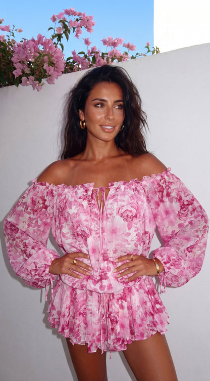 Romanella Peony Floral Off-Shoulder Mini Dress - Pink