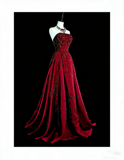 Vintage 1780s A line Strapless Dark Redd Sleeveless With Beadings Long Prom Dresses N1600