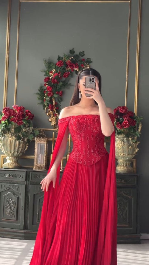 Classy A Line Off The Shoulder Red With Long Sleeves Chiffon Prom Dresses Party Dress Long Evening Dresses AB2149