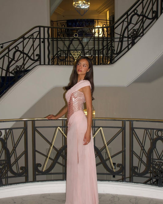Vintage A line One Shoulder Pink Chiffon Slit With Beading Formal Dress Long Prom Dresses N2749